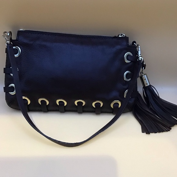 MICHAEL KORS DARK EXPRESSO BROWN  SOFT LEATHER CLUTCH WITH 2 TASSEL WEAVE BOTTOM - Picture 9 of 14